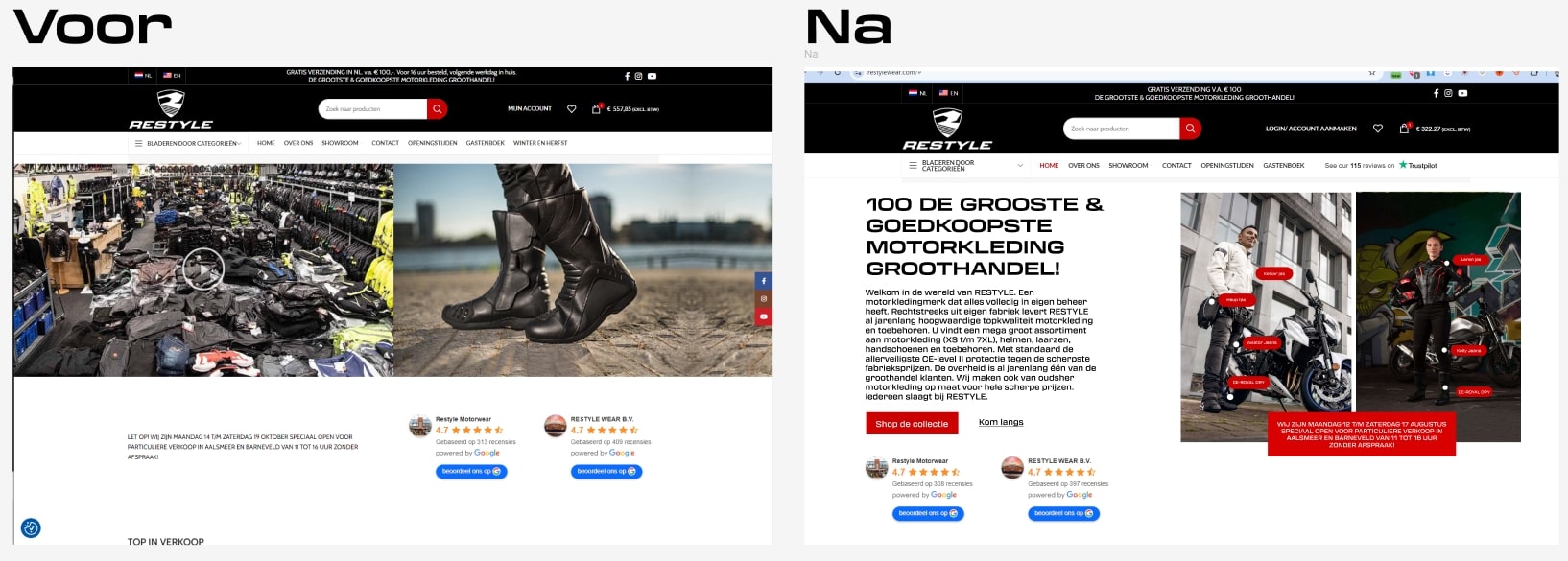De website van RESTYLE voor en na de vernieuwing, boven de vouw
